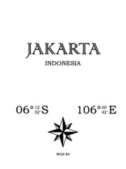 Jakarta, Indonesia - inscription with the name of the city, country and the geographical coordinates of the city. Compass icon. Black and white concept, for a poster, background, card, textiles