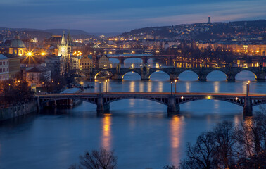 Fototapeta premium city at night / prague bridges and vltava river
