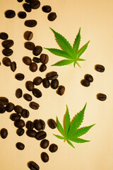 CBD infused coffee. Flat lay marijuana leaf and beans. Stress reduce medicine. Hemp beverage. Vertical