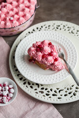 Obraz na płótnie Canvas Red currant tiramisu in a light bowl. Creamy pink dessert. White interior.