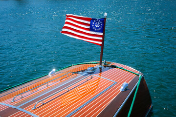 Mahogany Runabout Stern with US Yacht Ensign