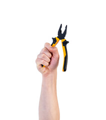 Man's arm raised holding a tool: pliers. Isolate on white background.