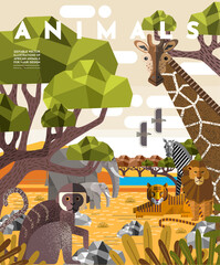 Animals. Vector flat illustrations of giraffe, elephant, monkey, tiger, lion, zebra, eagle, tree, savanna. African flora and fauna drawings for poster or background