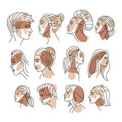 Continuous line woman profile set with geometric and organic shapes fashion portrait. Minimal hand drawn design, freehand composition, modern abstract style. Beauty vector fashion female faces.