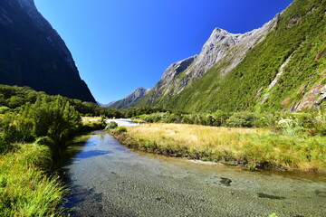 Milford track section along the Clinton River, New Zealand 