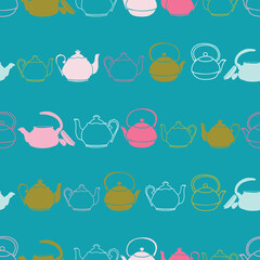 Vector teal garden tea party horizontal stripes tea pots. Perfect for fabric, scrapbooking, wallpaper, party supplies.