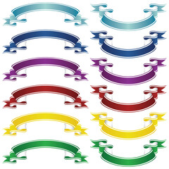 Set of multi-colored twirling ribbons with white stripes on them on a white background. Graphic resources.