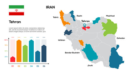 Iran map. Vector image of a global map in the form of regions of Iran regions. Country flag. Infographic timeline. Easy to edit