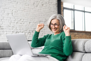Victory concept. The cheerful senior woman looks at the laptop screen and feels overjoyed, win in...