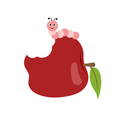 Caterpillar crawling and eating red apple isolated on white. Cute cartoon character. Vector illustration. Flat style