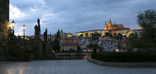 evening view of Prague Castle from Charles Bridge in Prague Czech Republic