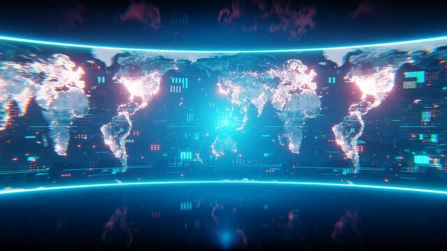 Global earth map rotating digital world breaking news Studio Background for news report and breaking news on world live report. Business, stock market background. 3D 4K loop animation