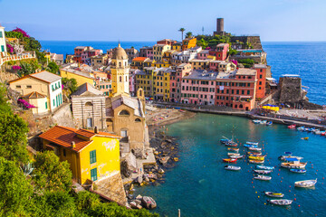 Colorful villages in Cinque terre, Italy and seascape at sunset