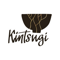 Kintsugi - lettering word. Flat vector stock illustration of bowl with calligraphy text. Japan art of repairing.