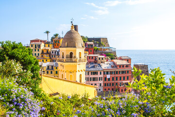Colorful villages in Cinque terre, Italy and seascape at sunset
