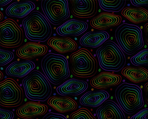 Rainbow colors pattern from outlines on black background, circles, lines, spiral