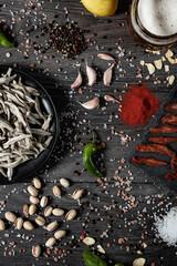 Dried fish on a wooden background. Different kinds of dried fish