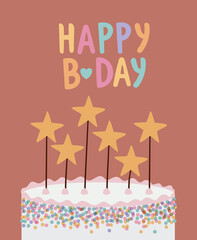 happy birthday lettering with birthday cake and stars candles