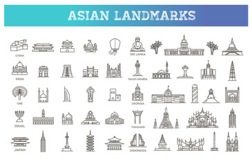 Simple linear Vector icon set representing global tourist asian landmarks and travel destinations for vacations