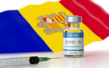 COVID 19 Vaccine approved and launched in Andorra. Corona Virus SARS CoV 2, 2021 nCoV vaccine delivery. Andorra flag on background and vaccine bottle. 3D illustration