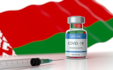 COVID 19 Vaccine approved and launched in Belarus. Corona Virus SARS CoV 2, 2021 nCoV vaccine delivery. Belarus flag on background and vaccine bottle. 3D illustration