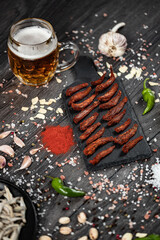 Dried fish on a wooden background. Different kinds of dried fish