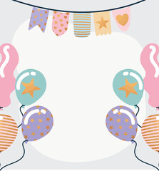 garland and birthday balloons on a gray background