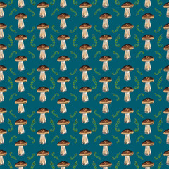 Watercolor Hand-painted Mushroom and Fern Turquoise  Seamless Pattern, Forest, Fungi, Fern sprout, Wood, Woodland, Nature, Scrapbooking, Background, Fabric pattern