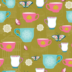 Vector Dark Gold Garden Tea Party Tea Cups with Butterflies, Doilies, and Birdcages. Perfect for Party Decorations, Stationary, Scrapbooking, and Fabric.