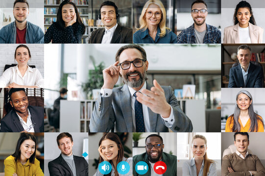 Webcam computer screen view at multiracial diverse business people group, involved in video conference, online meeting, using video call app, virtual online briefing concept