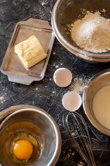 Baking products for making pancakes - Russian traditional cuisine: milk, eggs, flour, butter, ?? ?????? ????