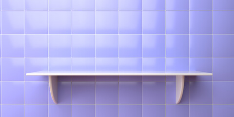 An empty white shelf hangs on the tiled wall. Minimal concept. 3D visualization