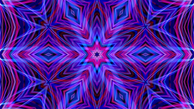 4k abstract bg with pattern of glow blue purple lines. Pattern like flower, star or mandala of glow curved lines. Kaleidoscopic simmetrical structure. Abstract laser show. VJ animation with lines
