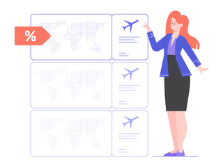 Girl in business clothes chooses a plane ticket with a discount. Promotions. Technology for a comfortable journey. Business trip. Vector flat illustration.