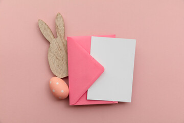 Easter blank card and envelope with easter bunny and eggs