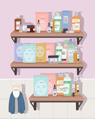 set of skincare icons on a shelf inside of a bathroom