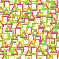 Triangles and rectangles in neon pink, green, yellow and orange colors, geometric illustration, seamless pattern, vector