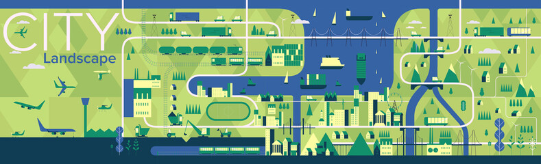 Cityscape. Flat vector illustration. Large panorama of the city, airport, river port, factories and villages. © Molibdenis-Studio