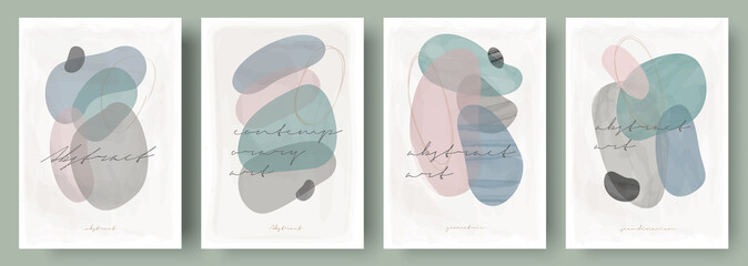 Naklejka premium Watercolor paintings, vector. Set of creative minimalist hand painted illustrations for wall decoration. Pastel colors. Handwritten inscriptions.