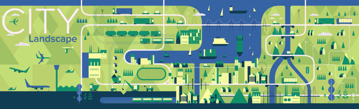 Cityscape. Flat vector illustration. Large panorama of the city, airport, river port, factories and villages.