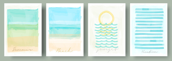Watercolor abstract backgrounds, vector , beach, sunset, sea. Set of creative minimalist hand painted illustrations for wall decoration. Pastel colors. Handwritten inscriptions.