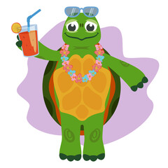 Turtle holding cocktail. Anthropomorphic animal in cartoon style.