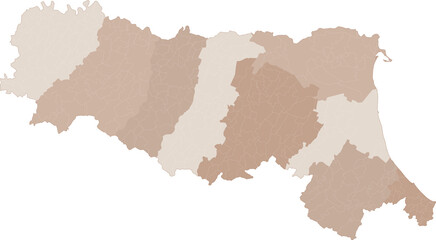 Fototapeta na wymiar Emilia-Romagna map, division by provinces and municipalities. Closed and perfectly editable polygons, polygon fill and color paths editable at will. Levels. Political geographic map. Italy