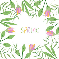 Spring mood floral vector illustration in simple doodle style with flowers and leaves. Gentle, springtime floral background in pastel colors