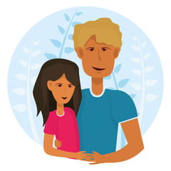 couple in love boy with girl, blue background with plants, two people loving each other