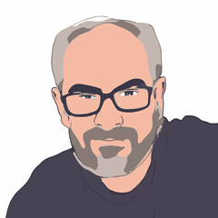 cartoon illustration of man with high forehead with gray hair, glasses and beard