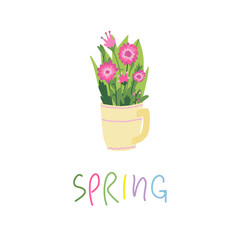 Spring mood floral vector illustration in simple doodle style with flowers and leaves. Gentle, springtime floral background in pastel colors