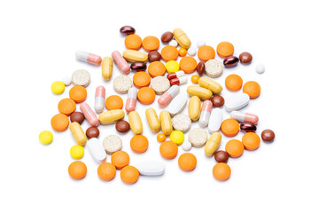 various pills, tablets and capsules isolated on white background. medication drugs cut out