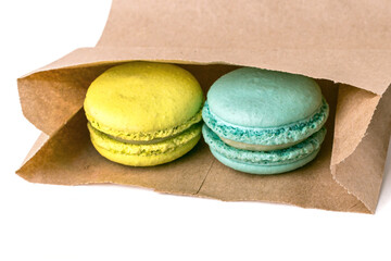 Two Macaron yellow and blue.  Eco food packaging bag