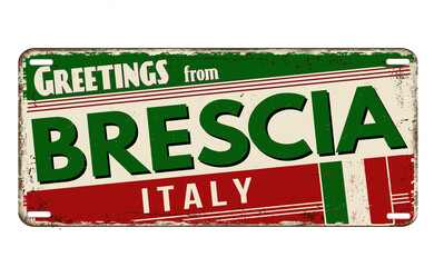 Greetings from Brescia vintage rusty metal plate